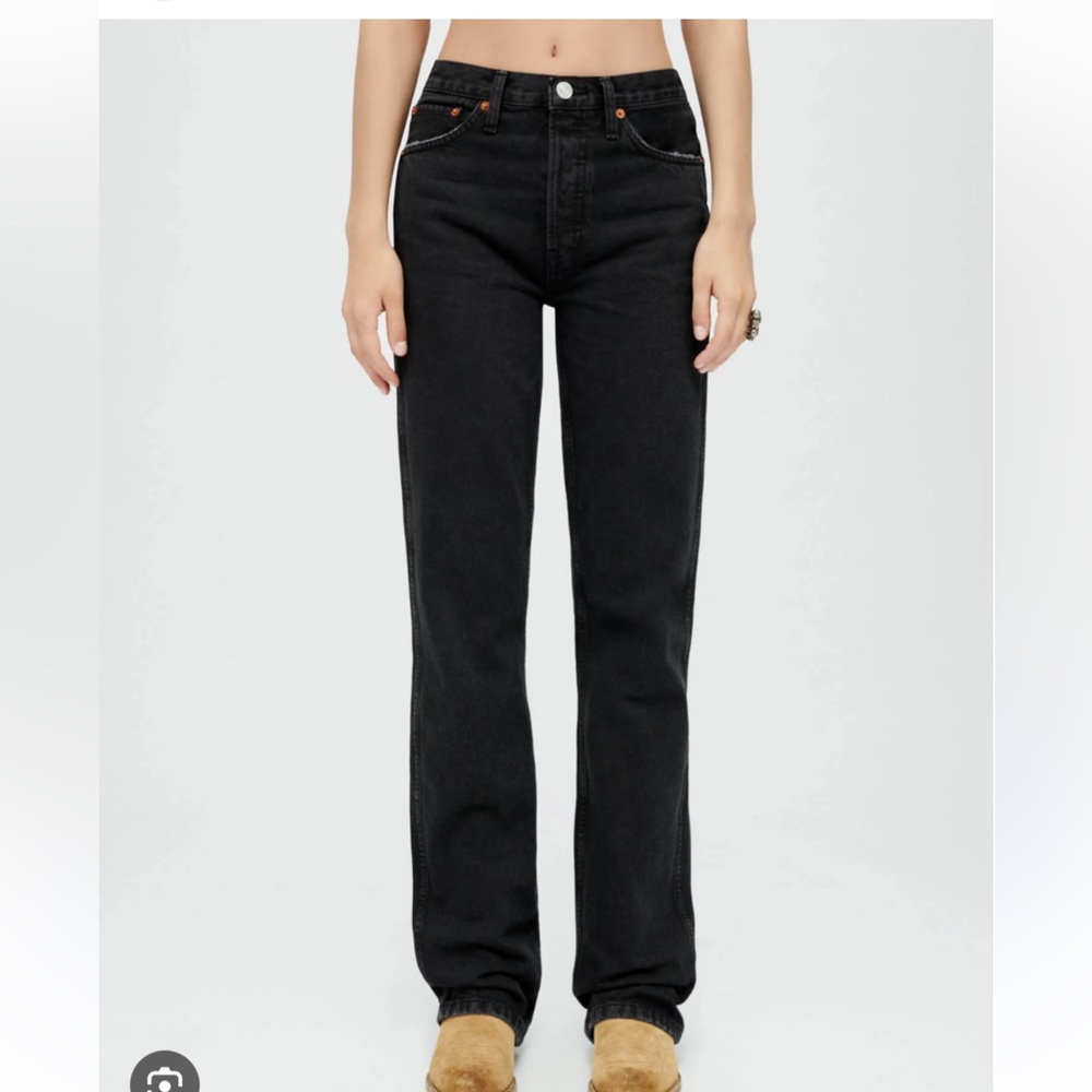 RE/DONE high waist black straight leg jean. Has a small flare at the bottom